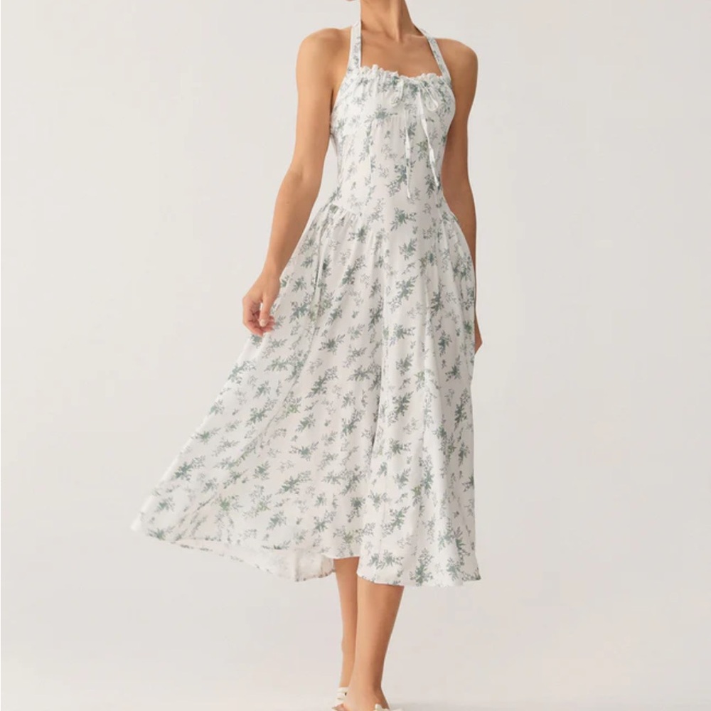 NWT RIHOAS Green Floral Ruched Lace Halter Midi Dress